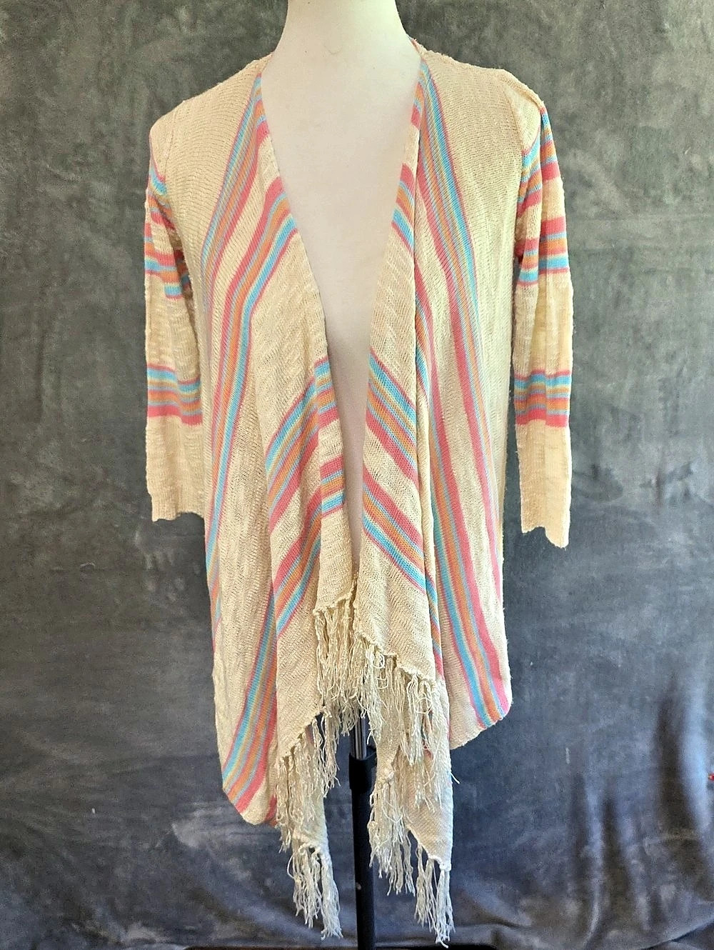 Maurices Striped Lace-Back Fringe Cardigan in Cream & Pink Size Small